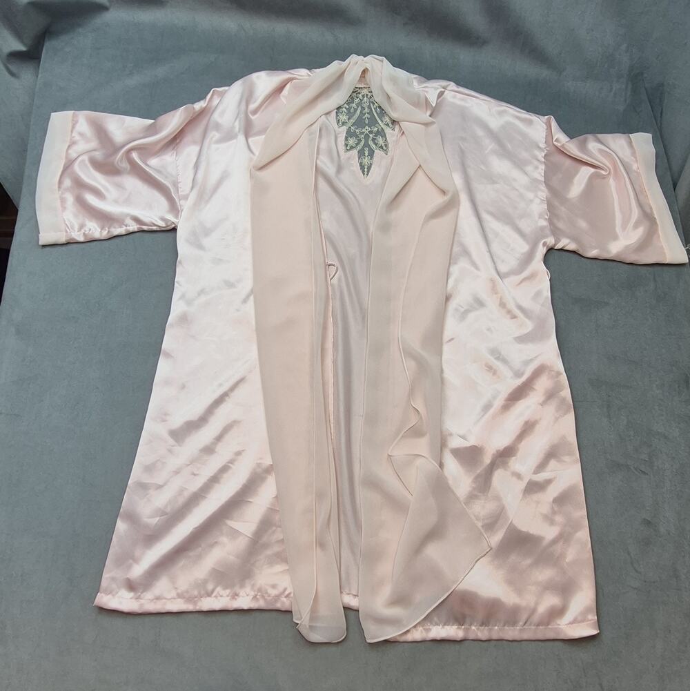 Vintage Intimate Concepts by Terry Russo Pink Satin Lace Robe 80’s Beading M/L